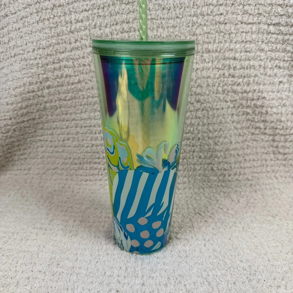 Starbucks Iridescent Blue Green Botanical Tumbler 24 oz Reusable Green Straw Lid